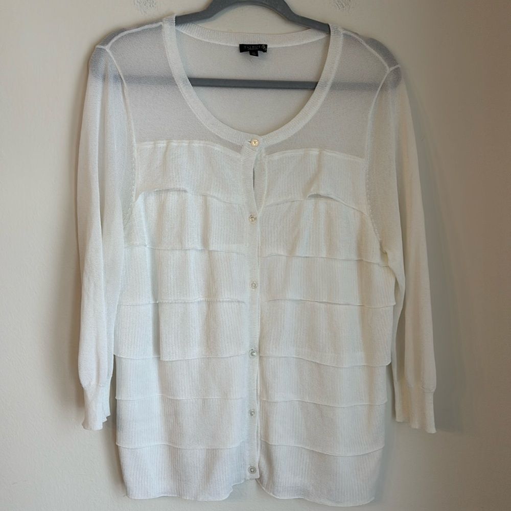 Talbots women winter white delicate tiered cartigan knit sweater XL rayon nylon